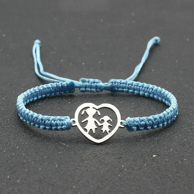 Handmade Braided Rope Bracelet Stainless Steel Heart Shaped Mother and Daughter Charm Bracelets for Women Cuff Jewelry Pulsera
