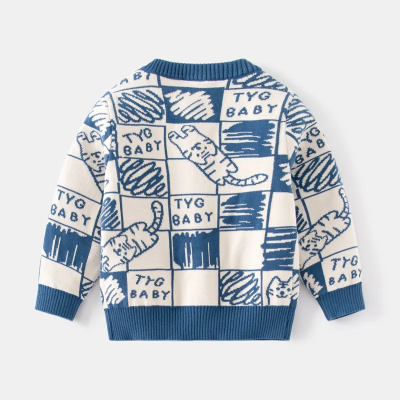 Kids Casual Cartoon Tiger Jacquard Warm Knitted V-neck Cardigan Sweater Knitwear Baby Boys Autumn Winter Sweaters Cardigans