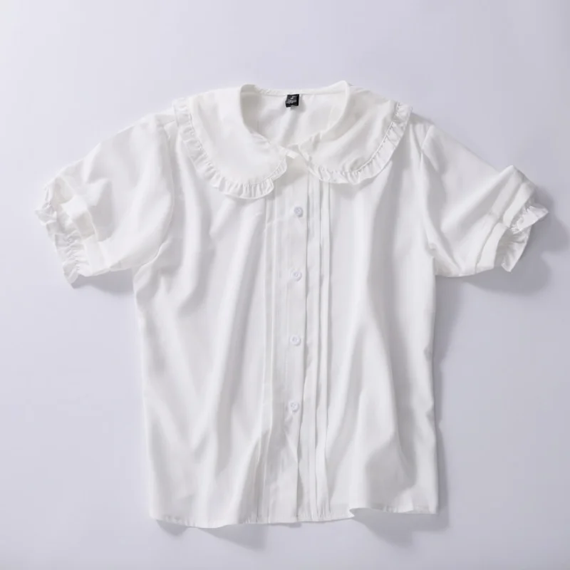 HOUZHOU-Camisa blanca Kawaii para mujer, blusas de estilo Preppy con cuello Peter Pan, Tops de manga corta con volantes, ropa de moda 2021