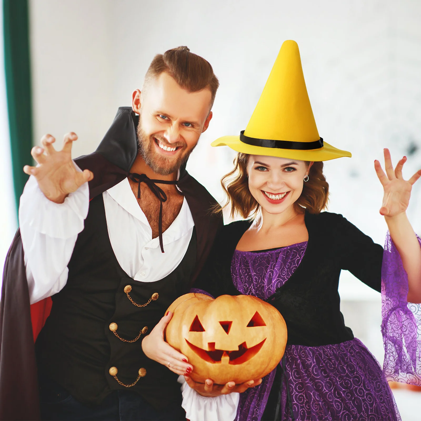 

Luxshiny Yellow Felt Witch Hat Large Brim Halloween Costume Cosplay Party Masquerade Accessory