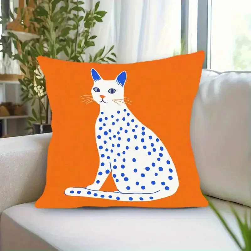 Orange Blue Polka Dot Cat Pillow Cover Modern Decor Cushion Case Polyester Zipper 16x16 Inch Square Living Room Bedroom Office