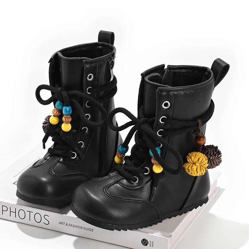 

Новые детские кожаные ботинки, модные универсальные повседневные черные плюшевые ботинки для девочек, зимние детские ботинки до середины икры, нескользящие мягкие