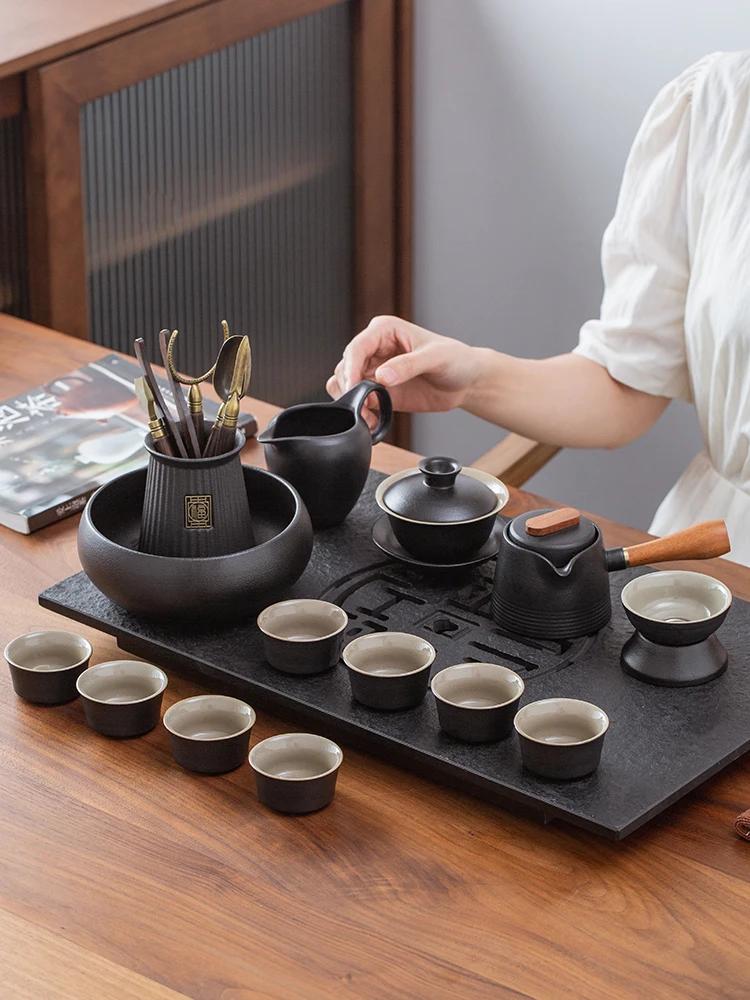 Wujin Stone Tea Tray Japanese Teapot Black Pottery Kung Fu Tea Set