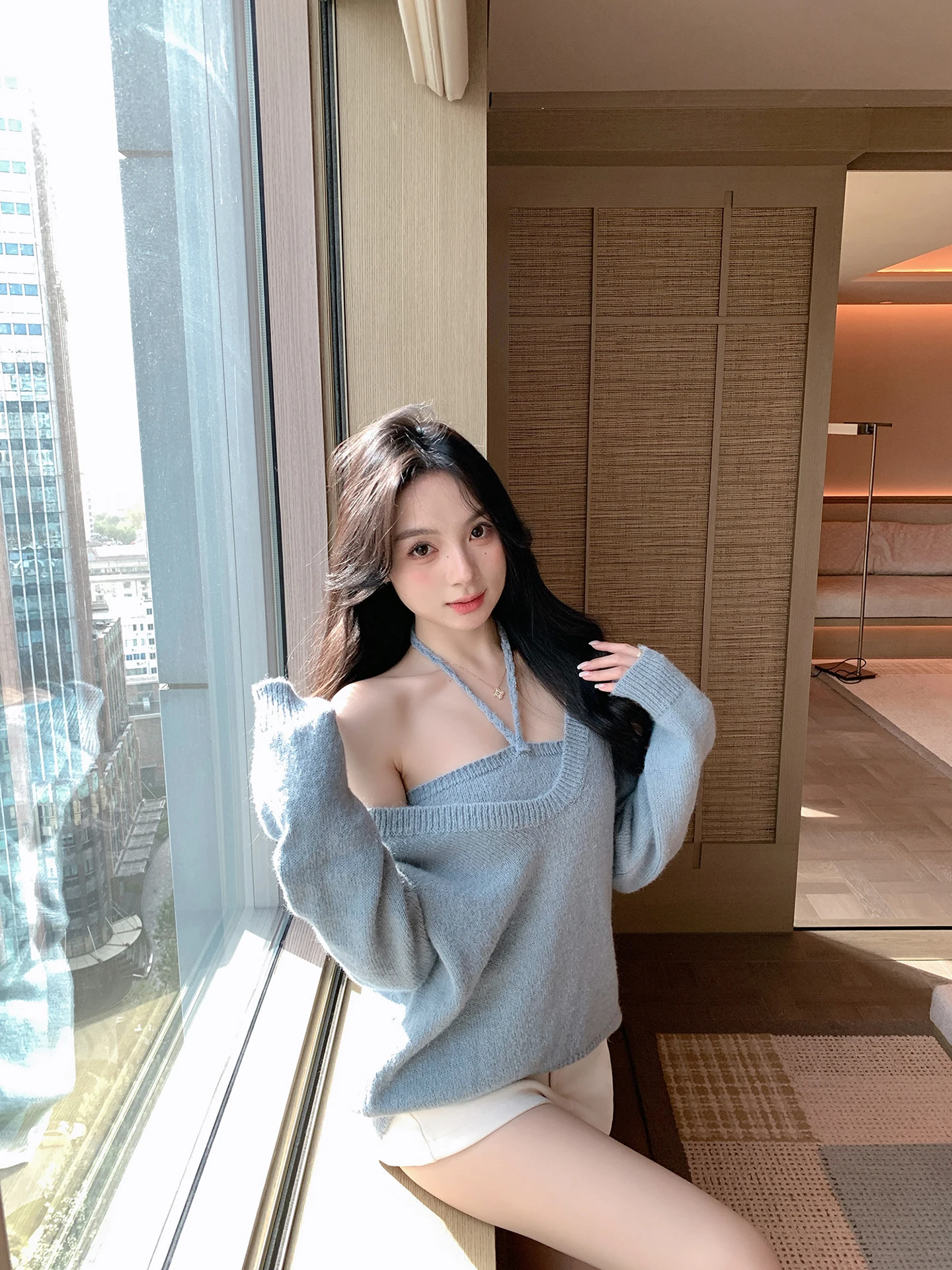 

Синий открытый кардиган и комплект из двух предметов для женщин: новинка зимы, с открытыми плечами, милый стиль, длинный рукав, свободная одежда