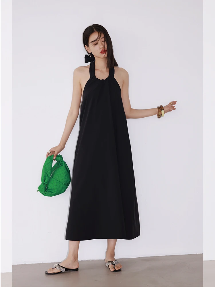 

Molin Summer New Loose Shoulder Bared Long Dress Women's Style Minimalist Neck Hanging Belt Cotton High Waist round Neck Dress