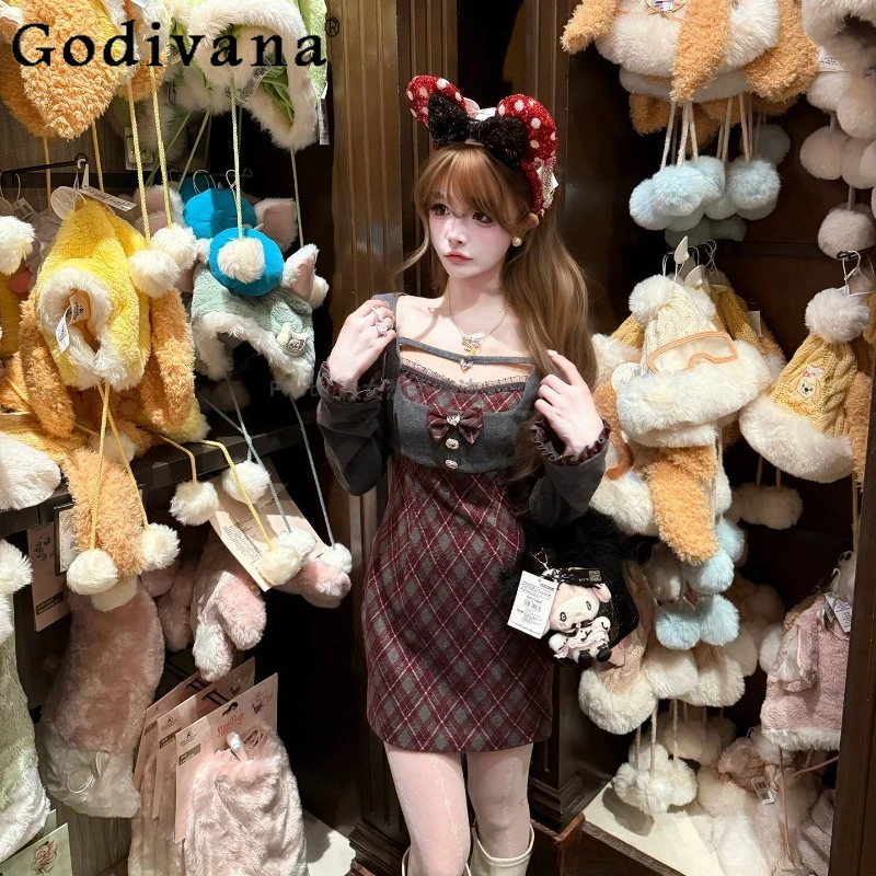

Sweet Diamond Gray Red Bow Dress for Women High Waist Long Sleeve Short Dress Female Japanese Style Lolita Plaid Dress