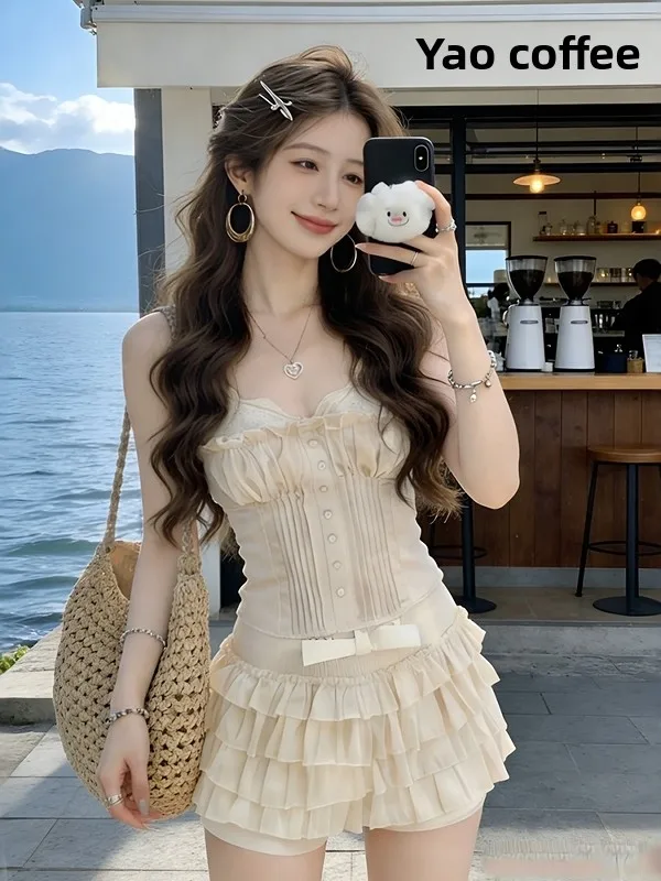 

Spring 2026 Pure Desire Sexy Strap Vest High Waist Knot Cake Skirt Two Piece Set Women's Fashion Sexy Outfit