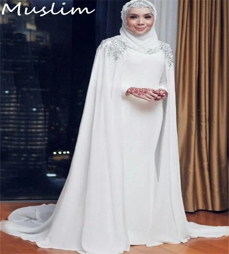 Arabian Dubai Muslim Wedding Dress With Caped Caucasian Islamic White Garden Beaded Bridal Dress 2025 Customized Bride Dress