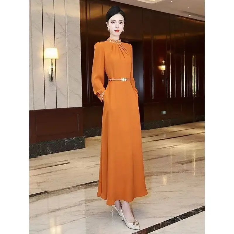 Spring Autumn New Simple Elegant Dress Women Stand Collar Long Sleeve Slim A-Line Long Dress Beautiful Office Lady Dresses