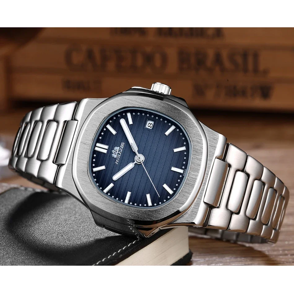 Orologi automatici da uomo meccanici a carica automatica luminosi in acciaio inossidabile blu grigio caffè semplice business