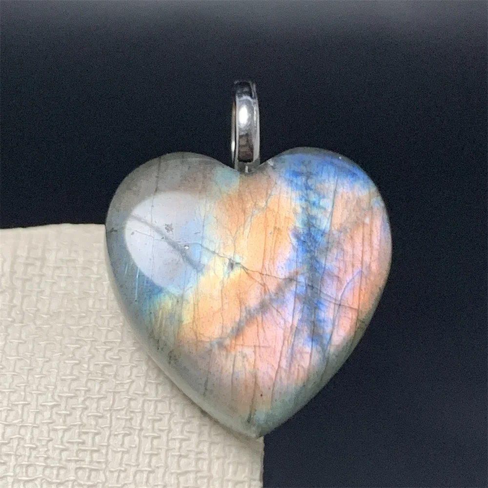 Uglyless 15MM Natural Heart Labradorite Pendants Both Sides Well-polished Women Orange Blue Purple Light Labrador Beads S925