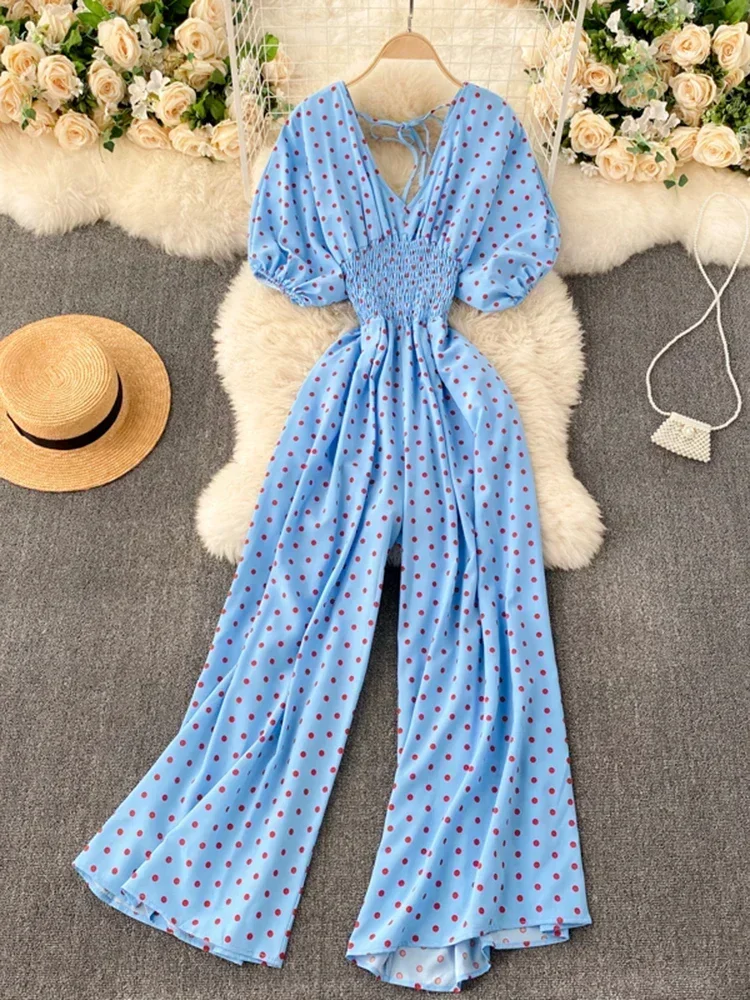 Summer Women\'s One Piece Jumpsuit Korean Retro V-neck Polka Dot Puff Sleeve Jumpsuit New Belt Wide-leg Jumpsuit LH543