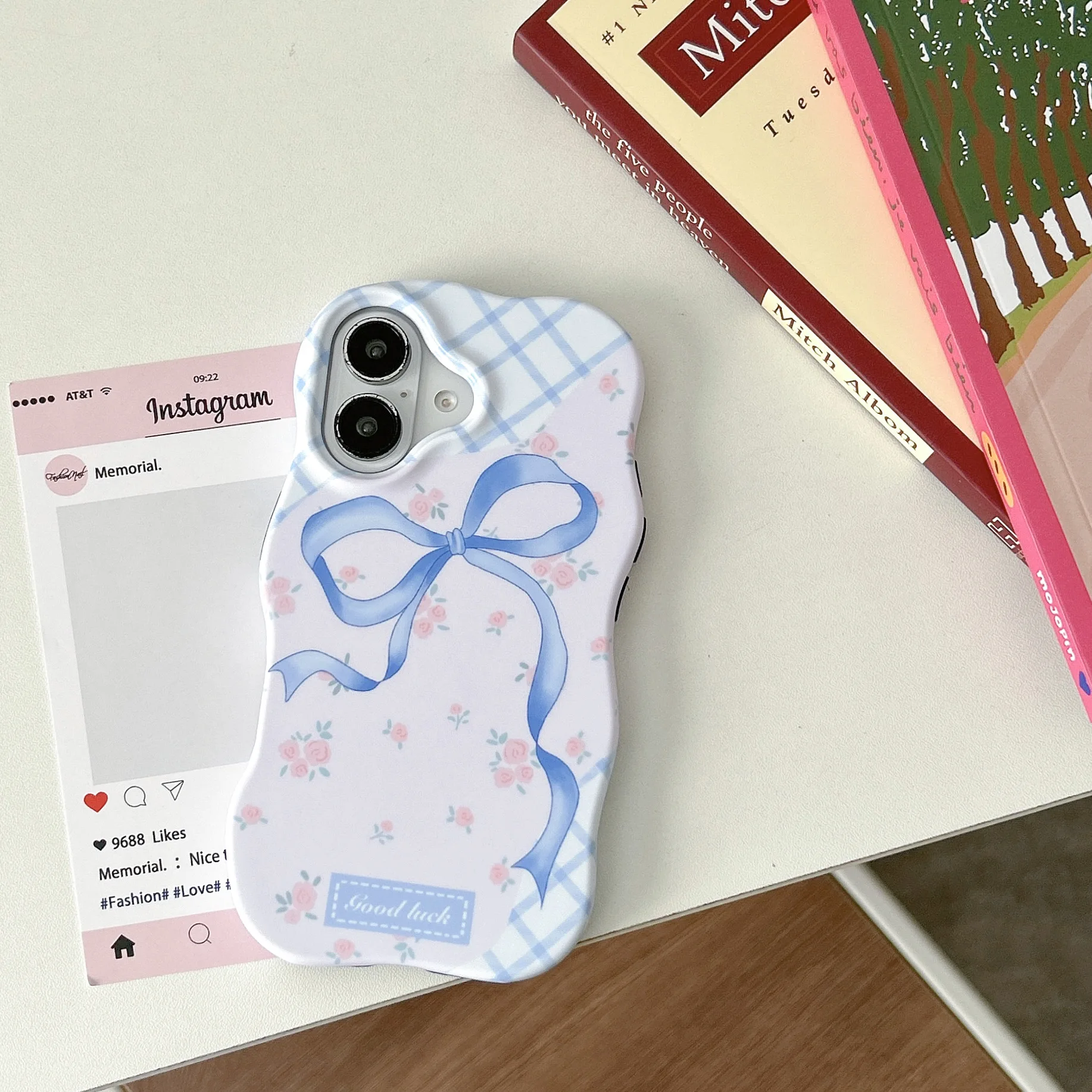 Azul fita arco rosa flores xadrez arte caso de telefone para iphone 16 15 14 13 pro max caso bonito luxo dos desenhos animados capa à prova de choque