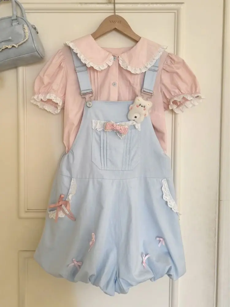 

Комплекты платьев Лолиты в стиле преппи, кавайный дизайн, женская милая рубашка с кукольным воротником + платья с бантом и ремешками, школьный комплект из двух предметов, 2025 г.