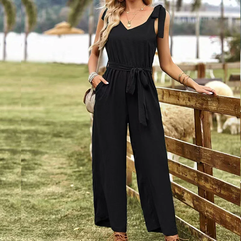 Cotton Linen Sleeveless Women Jumpsuit Summer Causal Solid V-Neck Drawstring Waist Straight Leg Jumpsuits
