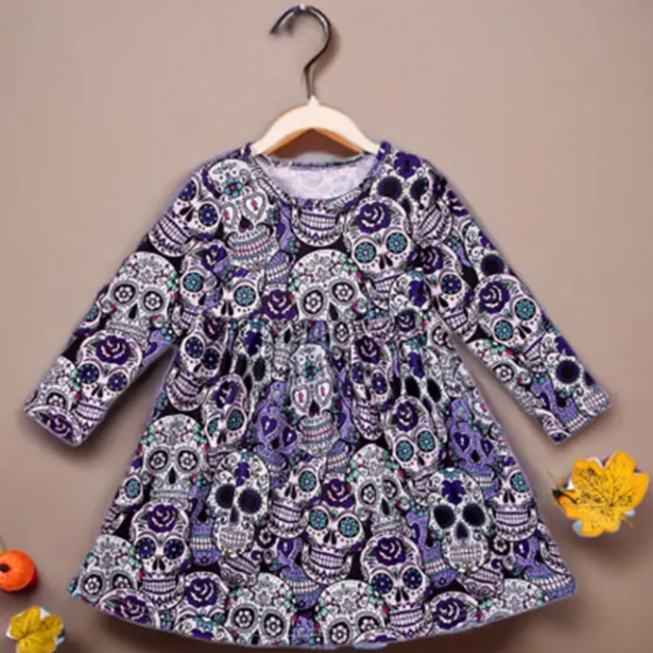 Autumn Season Essential Girls Long Sleeve Casual Dresses Spooky Skeleton Pattern Printed Suitable Children Halloween Festivities