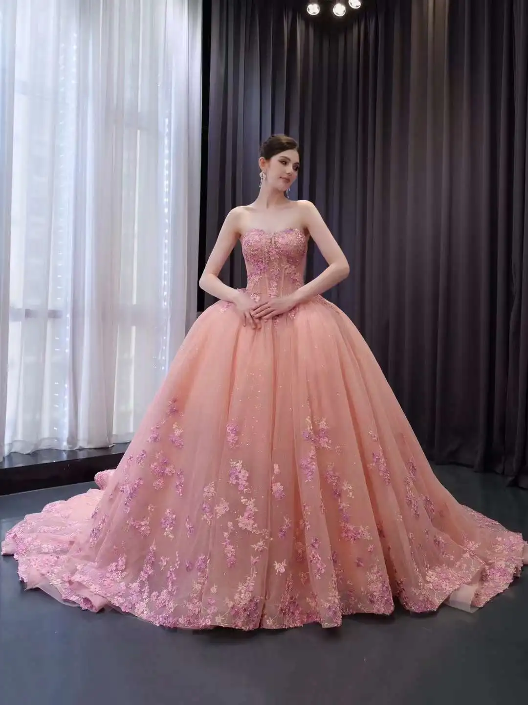 kisswhite customized RSM241091Ball Gown Pink off the shoulder puffy Ball Gown Beaded Long  prom Party Dress