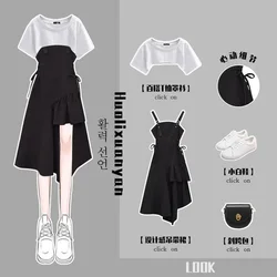 Women's Black Sling Dress Suit Female 2021 New Summer Waist Skirt  Two-piece Suit