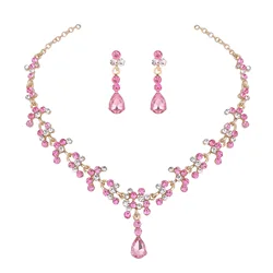 Baroque Pink Purple Crystal Bridal Wedding Jewelry Sets Women Gold Color Rhinestone Necklace Long Earrings Set Dress Accessories