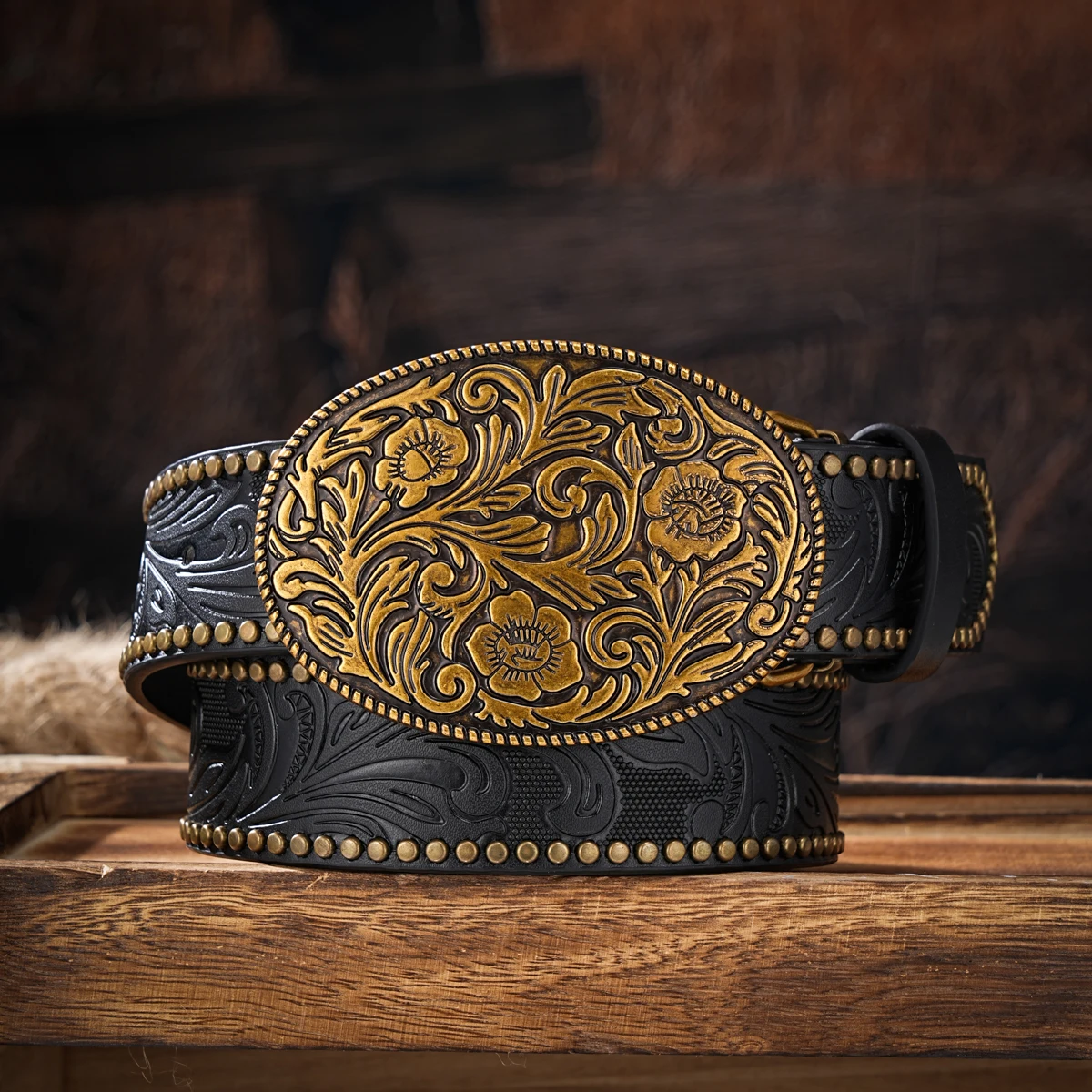 Men & Women-Western-Cowboy-PU Leather-Belts - Vintage horse Belt Floral Engraved Buckle Belt for Jeans