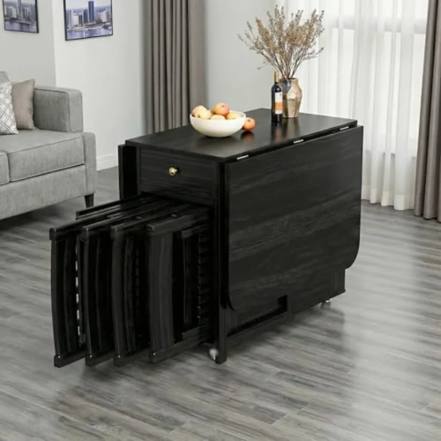 

Обеденный стол-трансформер с откидными столешницами и стульями, 59 дюймов, полностью собранный, складной, с местом для хранения и блокируемыми колесами, для кухни или столовой