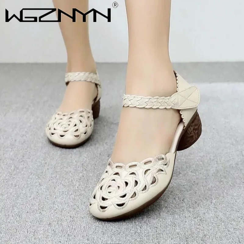 2022,NEW Summer Women\'s Genuine PU Leather Shoes Woman Retro Hollow Out Sandals Female Hook & Loop Heels Ladies Platform Sandal