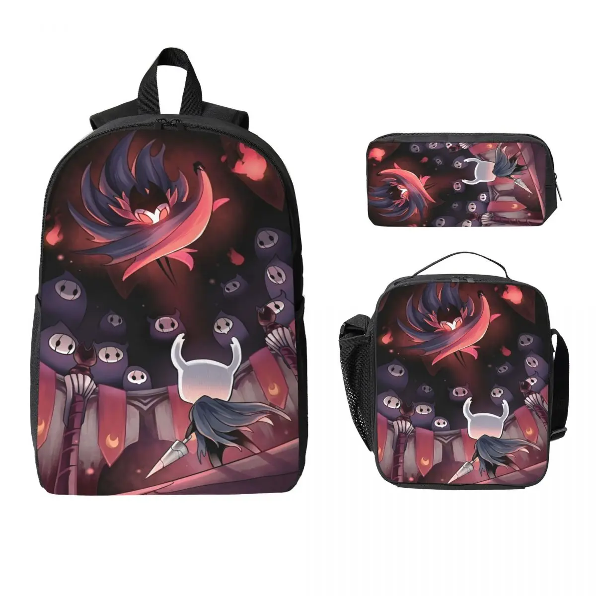 3Pcs Hollow Knight Funny Games Backpack Set for Kids Pen Bags Bookbag Sets with Lunch Box For School Students Knapsack