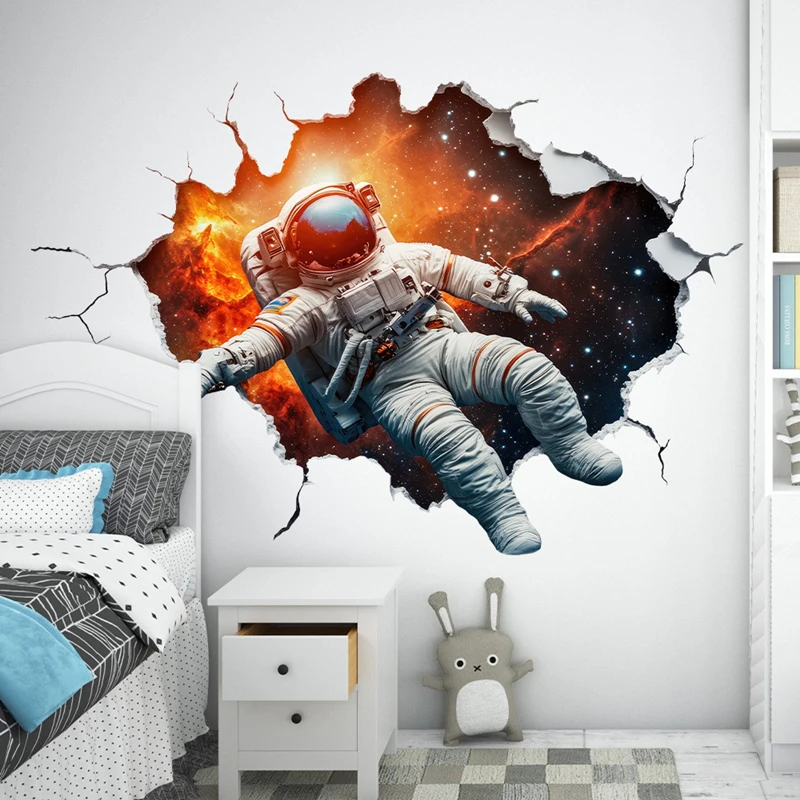 Boy Astronaut Wall Hole Art Mural Galaxy Space Planets Vinyl Stickers Removable for Living Room Bedroom Sci-fi Home Decoration