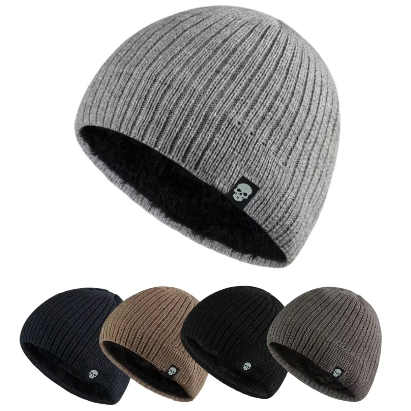 Skull Winter Knitted Beanie Hat for Men Women Fleece Lined Ear Flap Slouch Hat Windproof Warm Outdoor Cold Resistant Cap