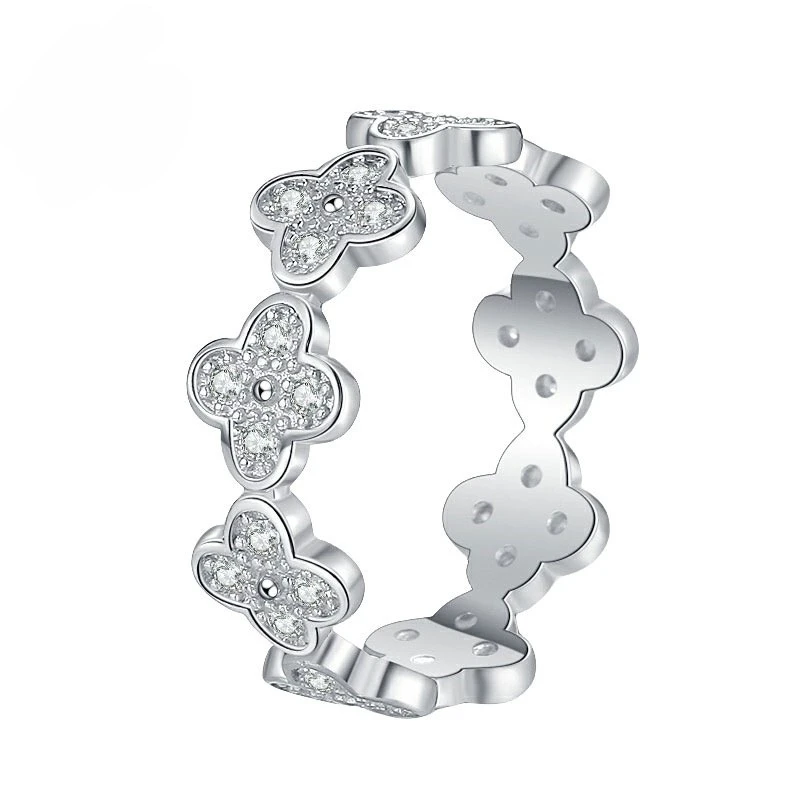 LinkerLove Eternity Moissanite Four-leaf Clover Ring 925 Sterling Silver Engagement Ring Diamond Wedding Band Women Fine Jewelry