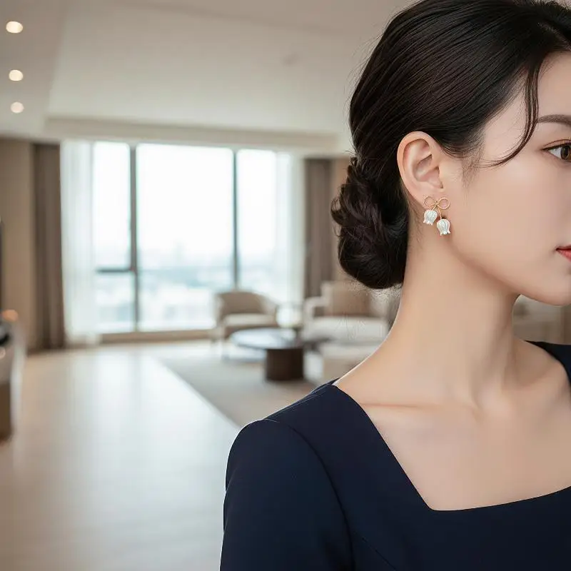 White Gold Floral Drop Earrings Alloy Hollow Tulip Bud Knot Dangle Earrings for Anniversary Gift for Girlfriend