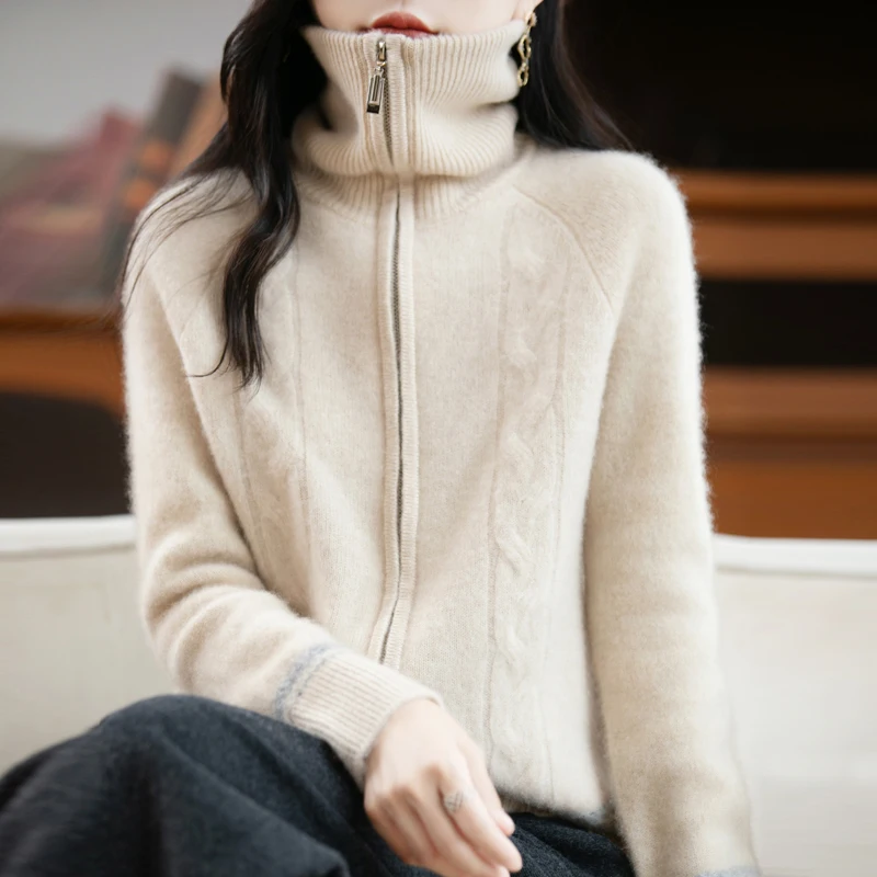 

Women 100% Merino Wool Sweater Long Sleeve POLO Neck Zipper Cardigan Soft Wool Knitwear Autumn Winter Thick Coat Female Clothing