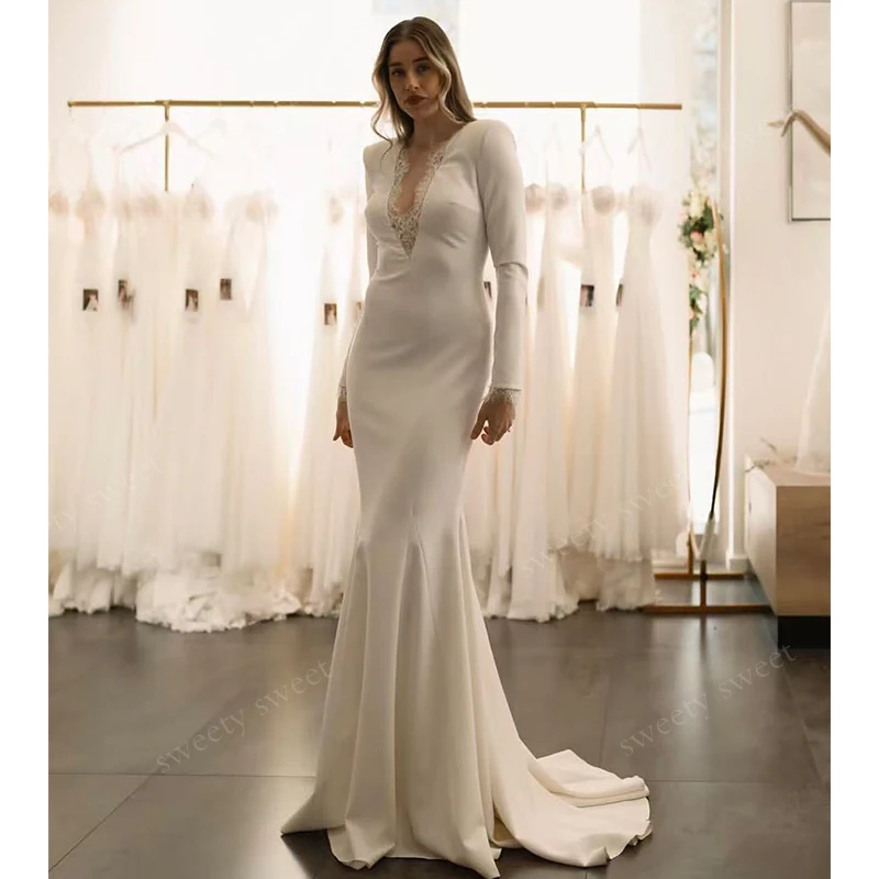 

Mermaid Bridal Dress For Wedding Satin With Lace Ball Gown Vl Gown High-Neck Full Sleeve Customized Bride Dress Vestido De Novia