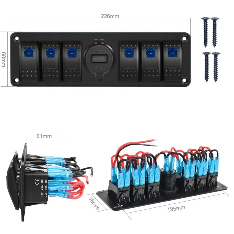 6 Gang 12V SPST ON Off QC 3.0 USB Charger Voltmeter Waterproof Aluminum Rocker Switch Panel