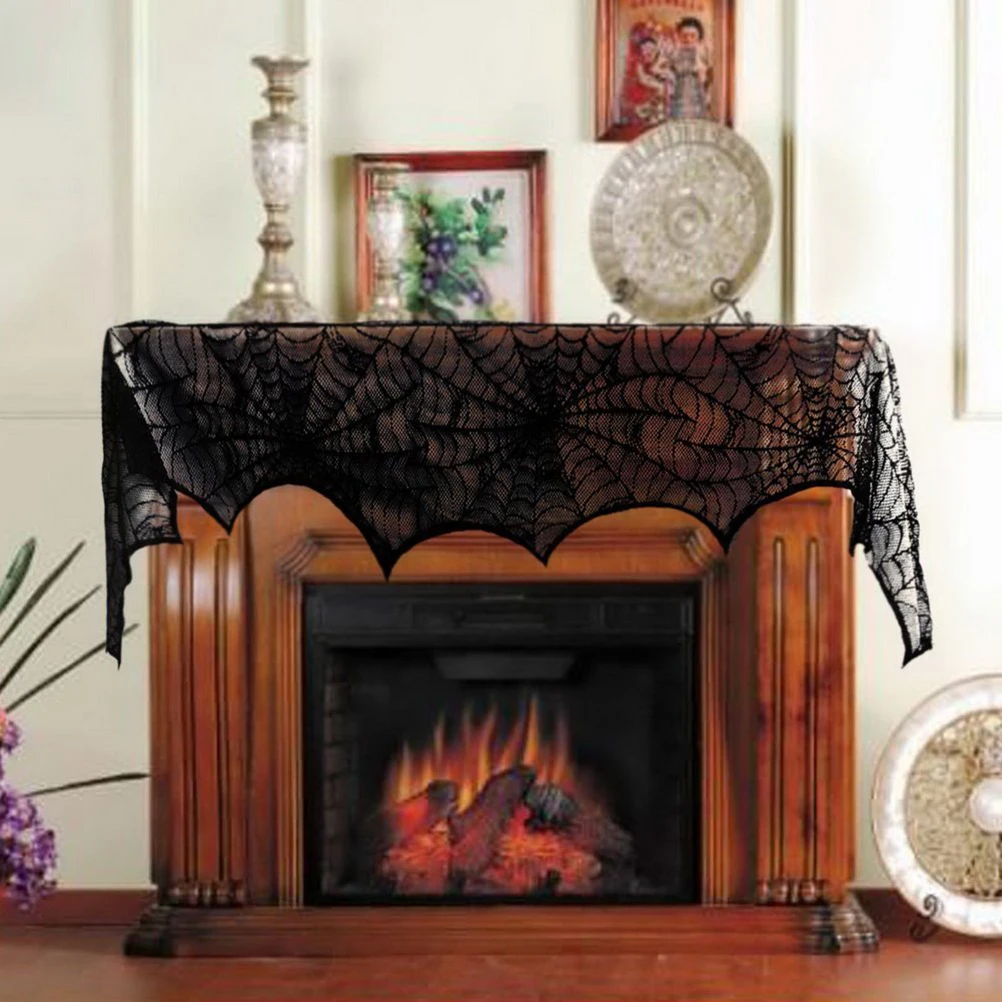 

18x96inch Black Lace Fireplace Mantle Scarf Spider Web Cloth Reusable Halloween Thanksgiving Decoration spiderweb fireplace
