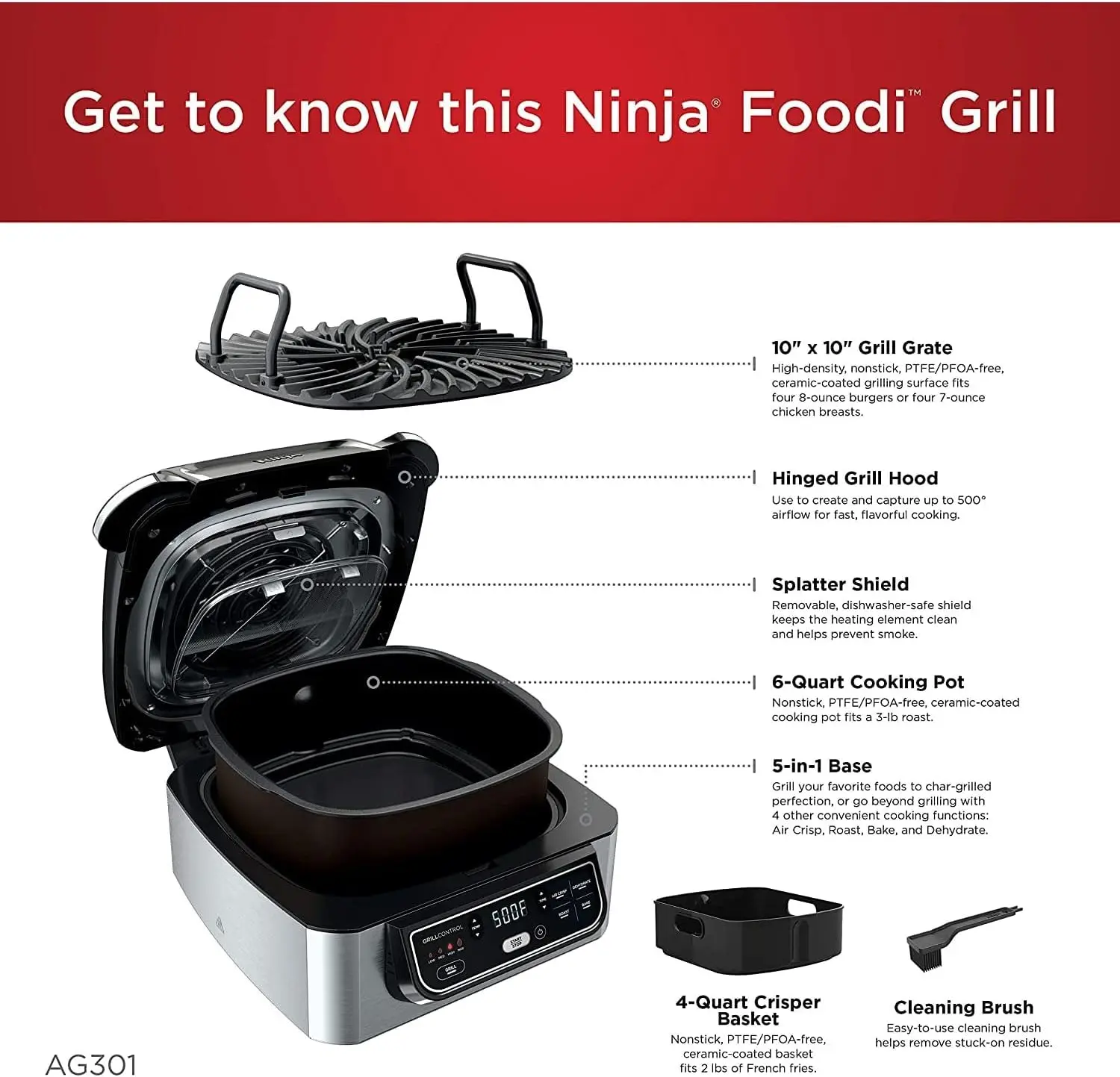 Ninja Ag301 Foodi 5-In-1 Elektrische Grill Voor Binnen Met Frituren, Braden, Bakken En Uitdrogen-Programmeerbaar, Zwart/Zilver