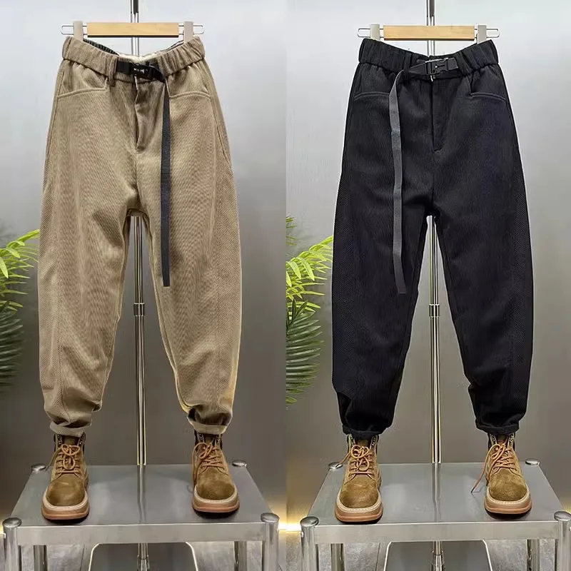 Autumn Corduroy Casual Pants Men's 2026 New Loose Belt Design Daddy Pants Winter Fleece Overalls Luxury Man Clothing Brand
