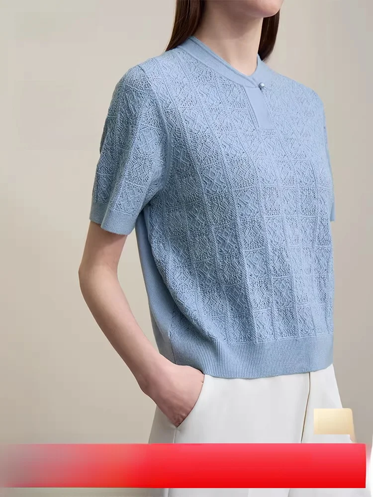 

Summer New Chinese Sle National Trend Stand Collar Button Knitted Sweater Women Hollow out Top Needle Moving Hole Piing W...