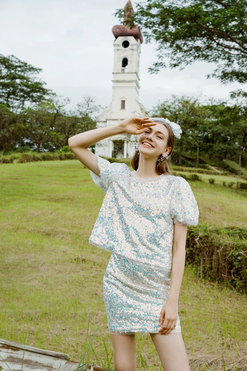 

PHERIQUE Повседневный омолаживающий комплект из шелкового топа с коротким рукавом и юбки в стиле фей, летний наряд