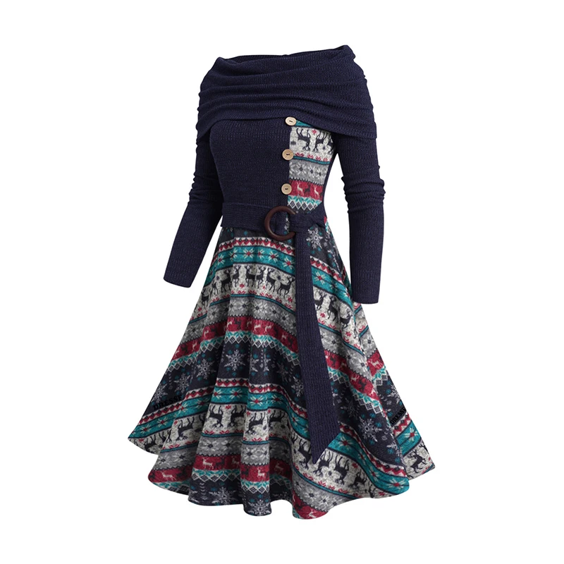 

Womens Christmas Dresses Elk Snowflake Tribal Graphic Knit Dress Mock Button Foldover O Ring Self-belt Knitted Ethnic Dress