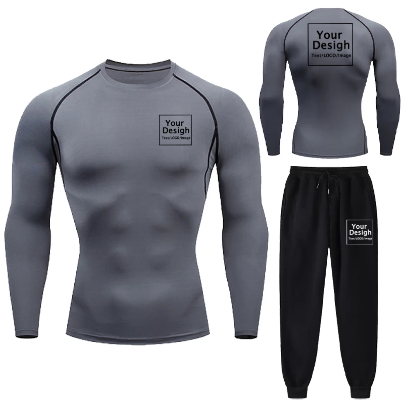 New Custom Printed Men\'s Compression Set Your Design Logo Gym Shirt +Sports Pants Breathble Sportwear Quick Dry Jogging Suits