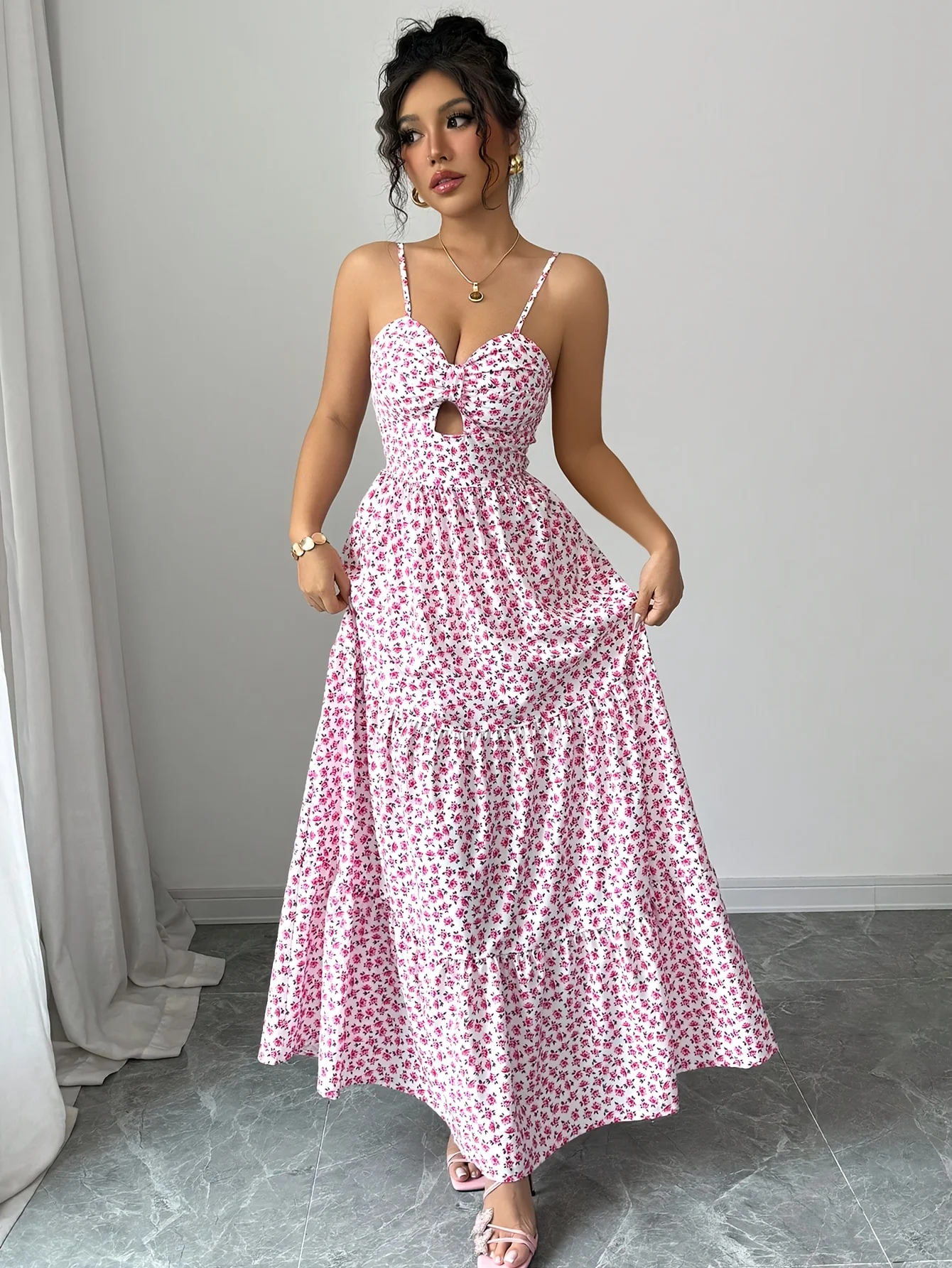 Robe longue française romantique pour femmes, décolleté en cœur, imprimé Floral rose, découpe sur le devant, taille haute, volants, ourlet à plusieurs niveaux