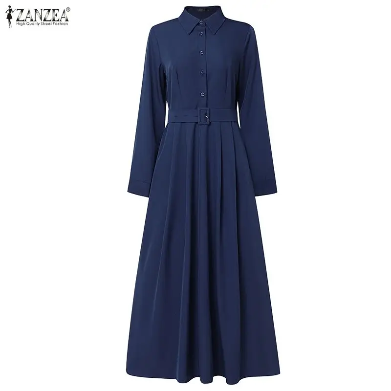 ZANZEA Elegantes Damen-Bürokleid mit Reverskragen und langen Ärmeln, Frühjahr 2026, OL-Arbeitskleid mit Knöpfen, einfarbiges Midikleid mit Gürtel
