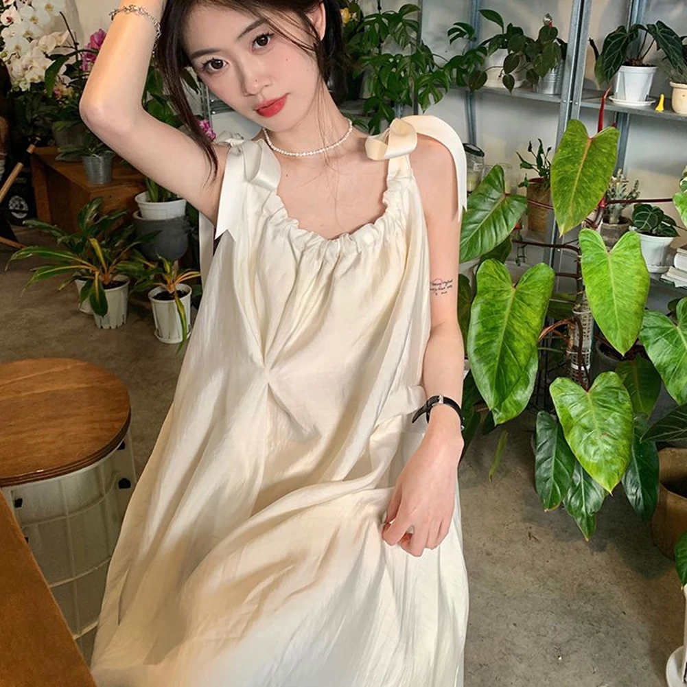 Women Loose Dress Sweet Solid Summer French Style Aesthetic Lace-up Vestido