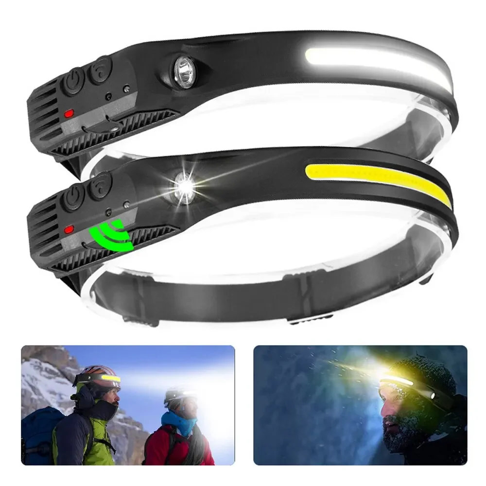COB LED 손전등 USB 충전식 핸드 스윕 센서 헤드램프, 5 가지 조명 모드 헤드 토치, 캠핑 낚시 작업 헤드 라이트
