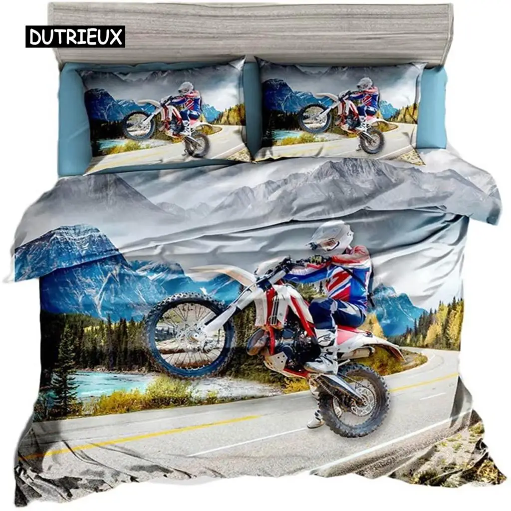 

Dirt Bike Duvet Cover Set Motocross Racer for Kids Teens Extreme Sports Style Polyester Bedding Set Bedclothes Double Queen King