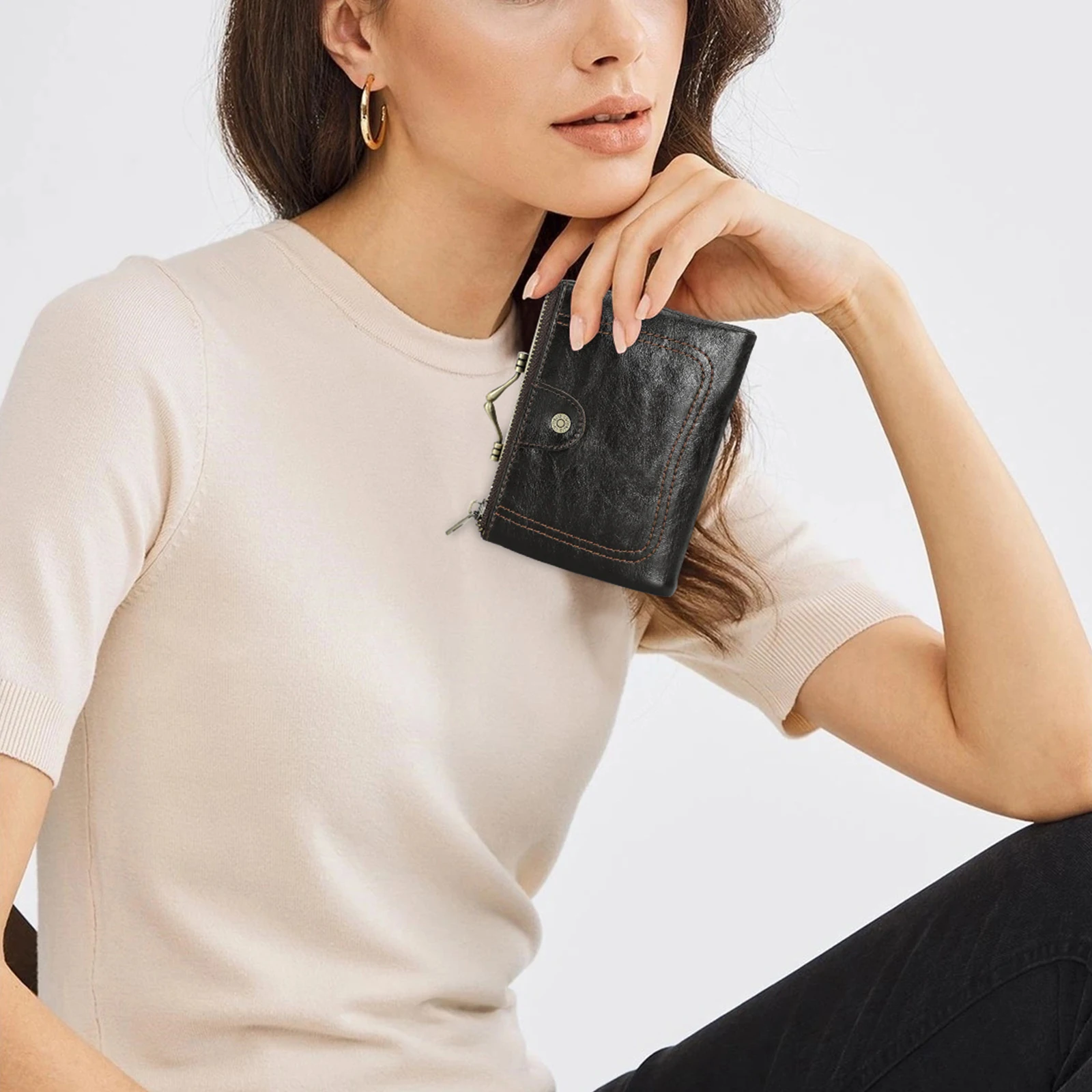 CONTACT'S Genuine Leather Kiss Lock Women Short Wallets Metal Frame Card Holder Coin Purse Money Clip Female Bag Handbag Ladies