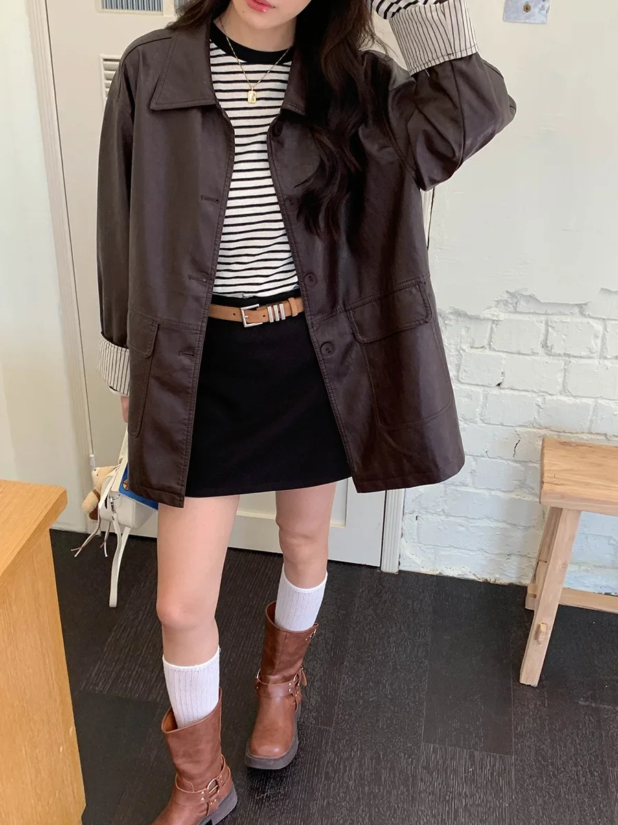 여성용 캐주얼 패치워크 스트라이프 긴팔 PU 가죽 재킷 가을 2025 신상품