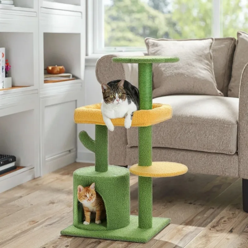 

36.5 Inches Classic Indoor Cat Tree Tower Multi-Level Cactus Design Plush Perch Private Cat Condo for Small Kittens Sisal Wood