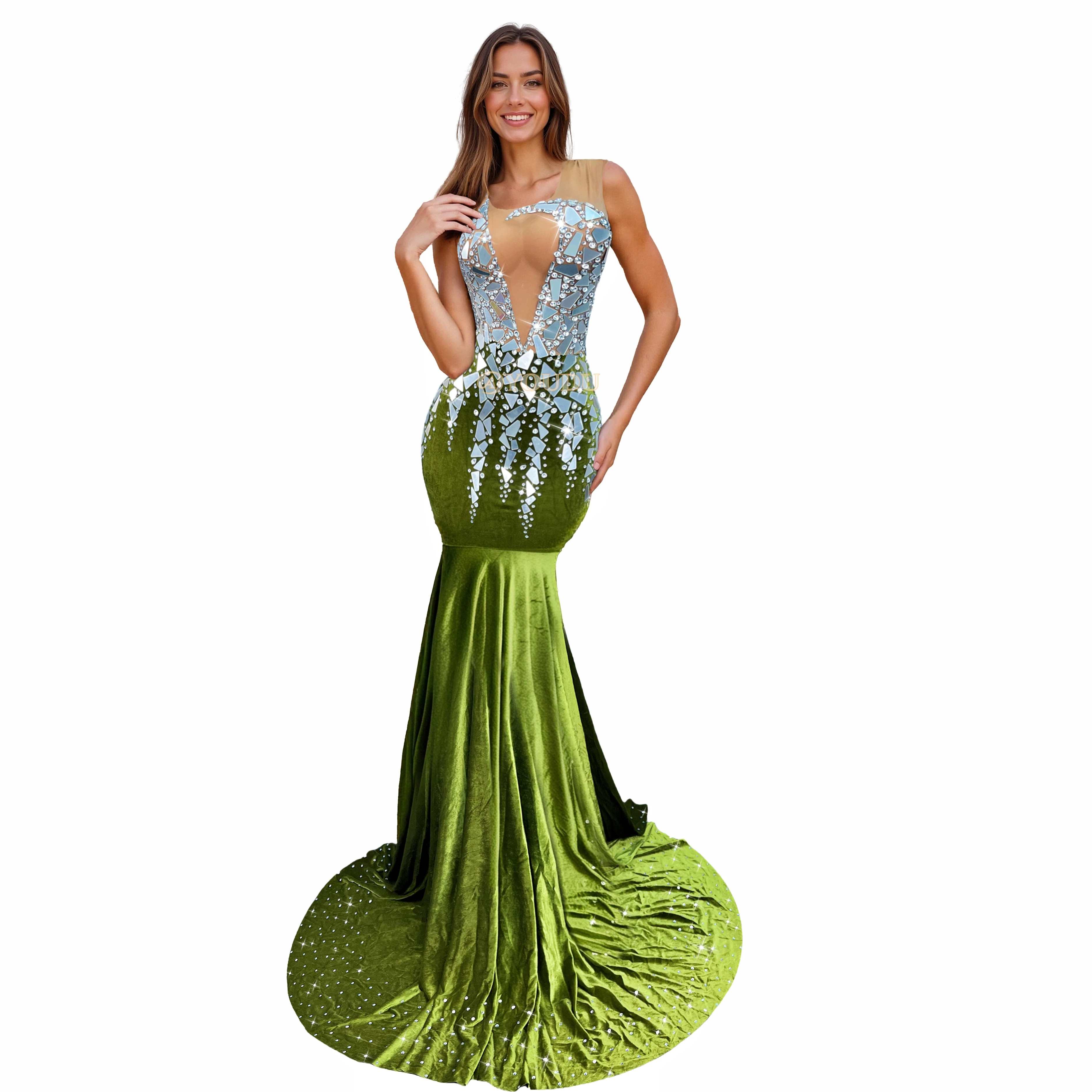 الراقية وامض المرايا الفضية الراين أنيقة القطيفة زائدة فستان سهرة فستان حفلات السجادة الحمراء تظهر الزي Qingyao #1